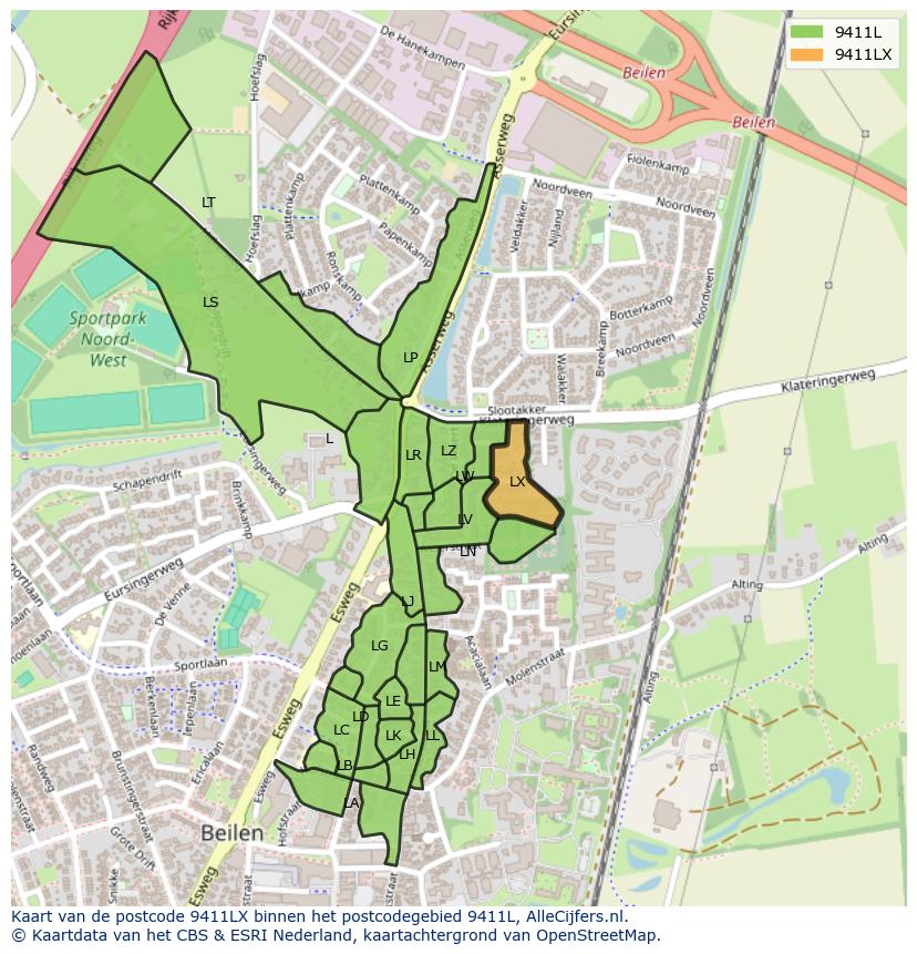 Afbeelding van het postcodegebied 9411 LX op de kaart.