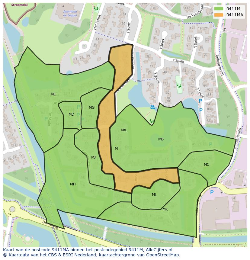 Afbeelding van het postcodegebied 9411 MA op de kaart.