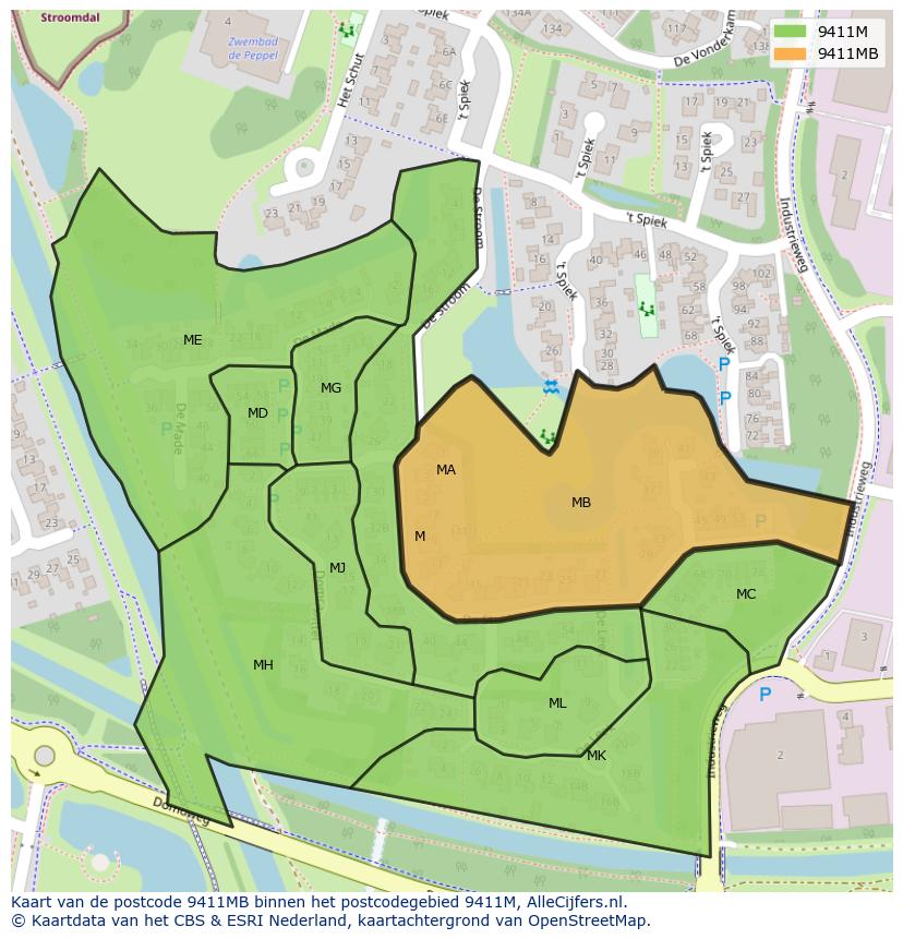Afbeelding van het postcodegebied 9411 MB op de kaart.