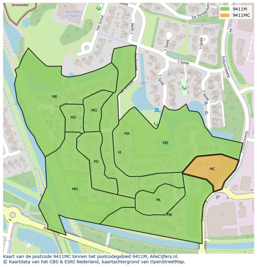 Afbeelding van het postcodegebied 9411 MC op de kaart.