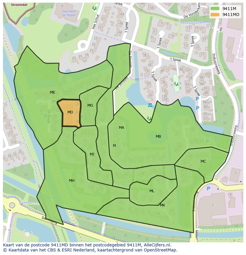 Afbeelding van het postcodegebied 9411 MD op de kaart.