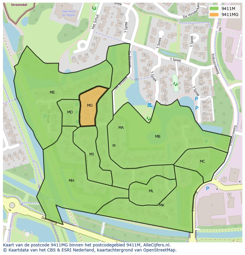 Afbeelding van het postcodegebied 9411 MG op de kaart.