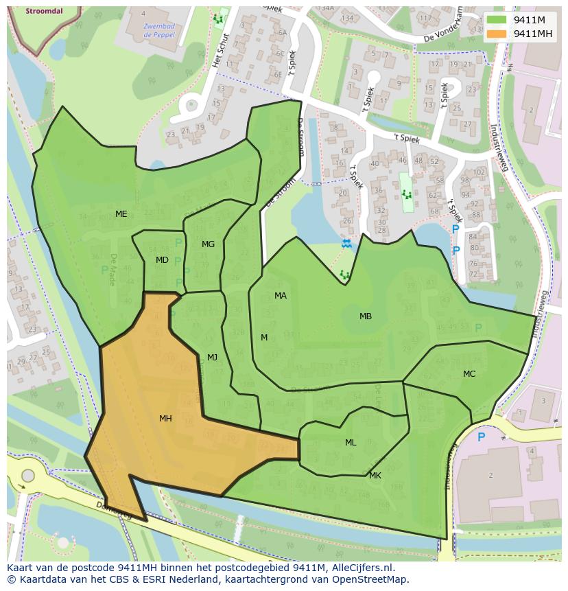 Afbeelding van het postcodegebied 9411 MH op de kaart.