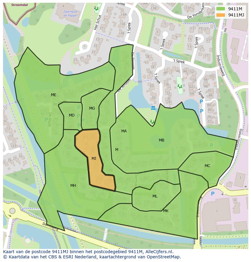 Afbeelding van het postcodegebied 9411 MJ op de kaart.
