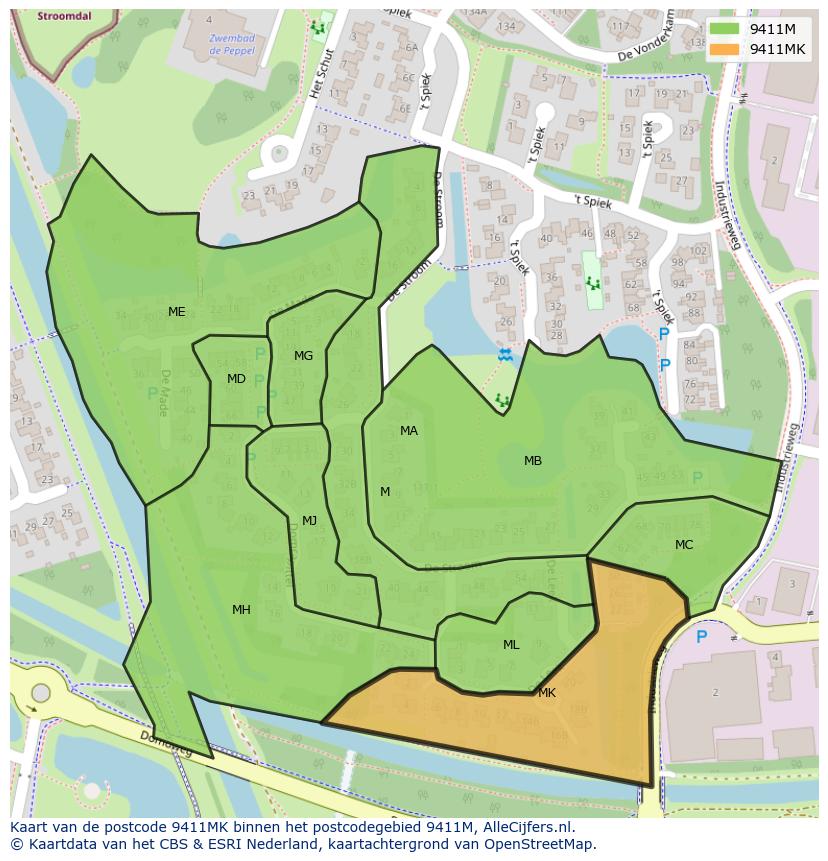 Afbeelding van het postcodegebied 9411 MK op de kaart.