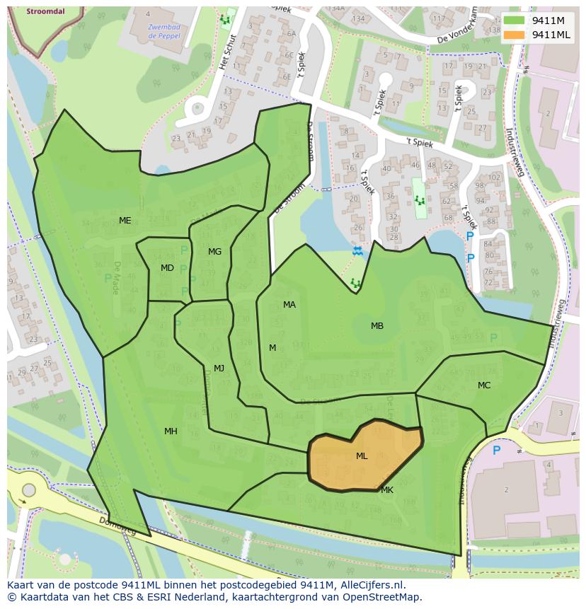 Afbeelding van het postcodegebied 9411 ML op de kaart.