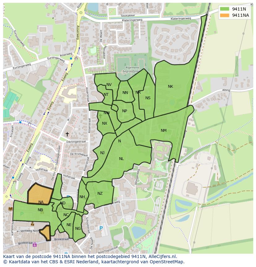 Afbeelding van het postcodegebied 9411 NA op de kaart.