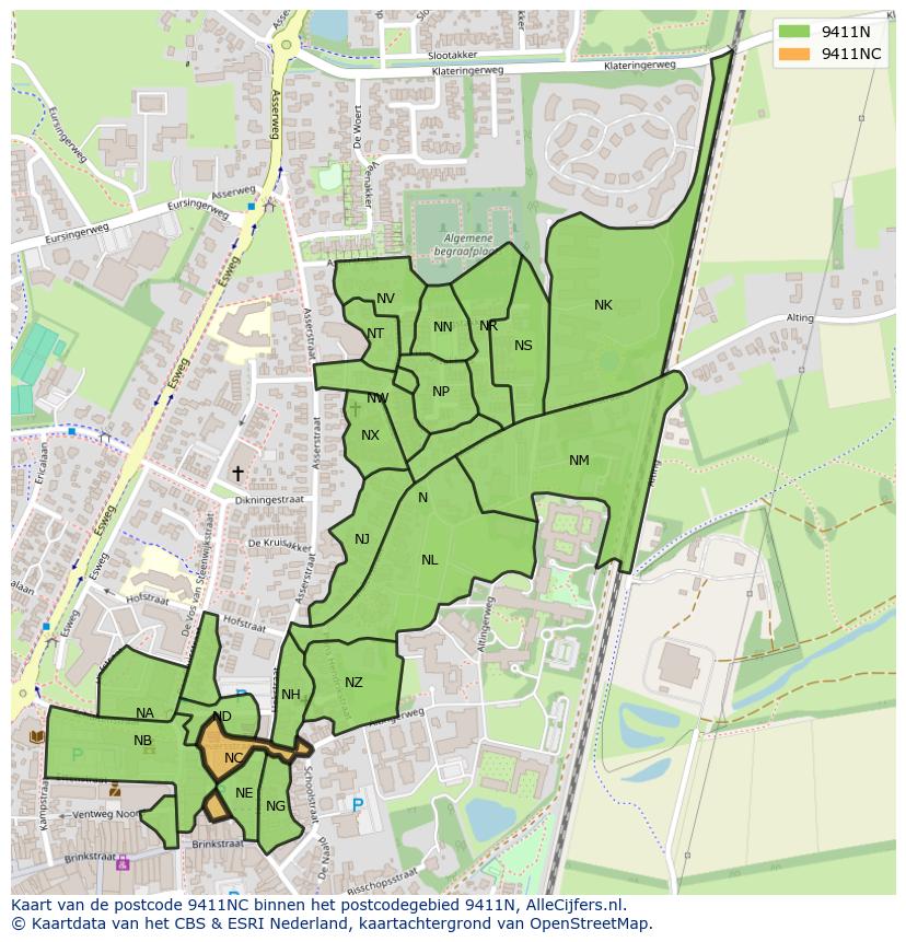 Afbeelding van het postcodegebied 9411 NC op de kaart.