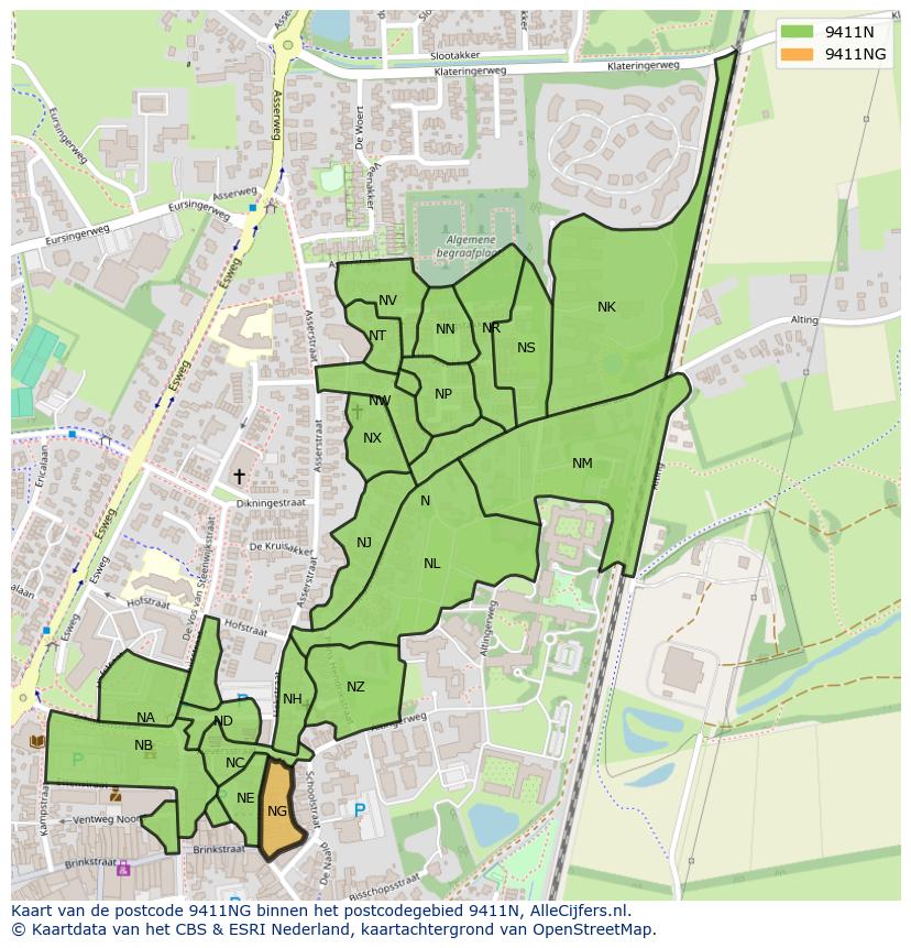 Afbeelding van het postcodegebied 9411 NG op de kaart.