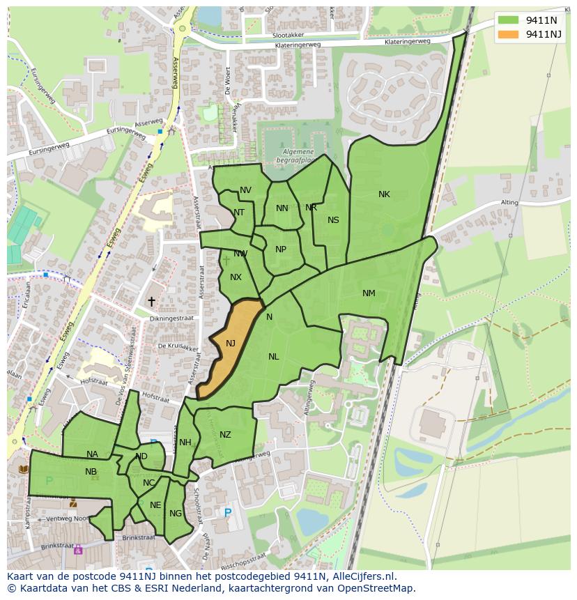 Afbeelding van het postcodegebied 9411 NJ op de kaart.