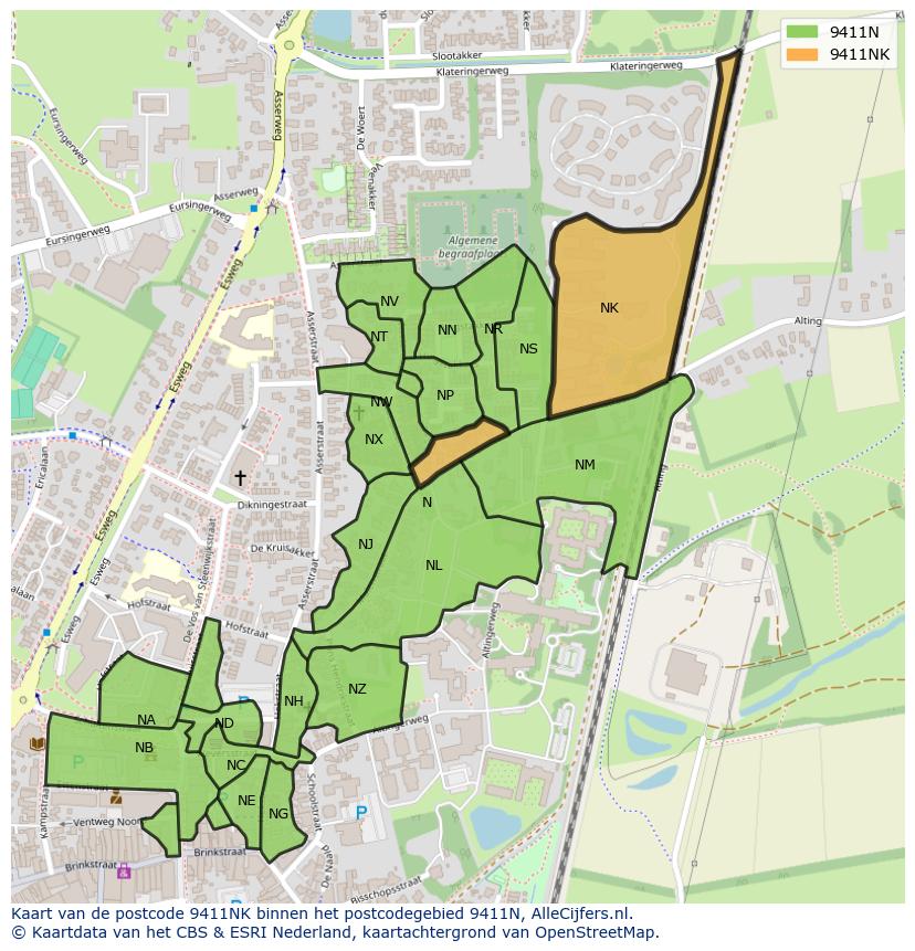 Afbeelding van het postcodegebied 9411 NK op de kaart.
