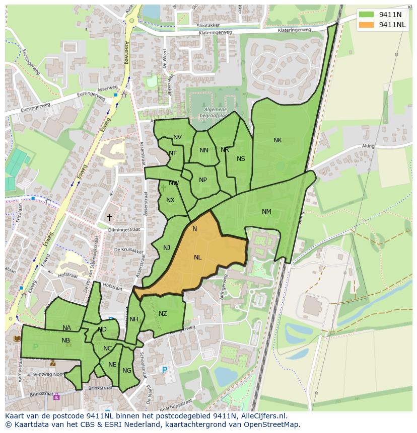 Afbeelding van het postcodegebied 9411 NL op de kaart.