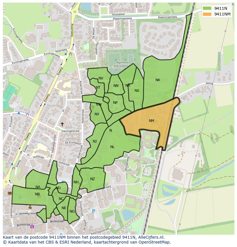 Afbeelding van het postcodegebied 9411 NM op de kaart.