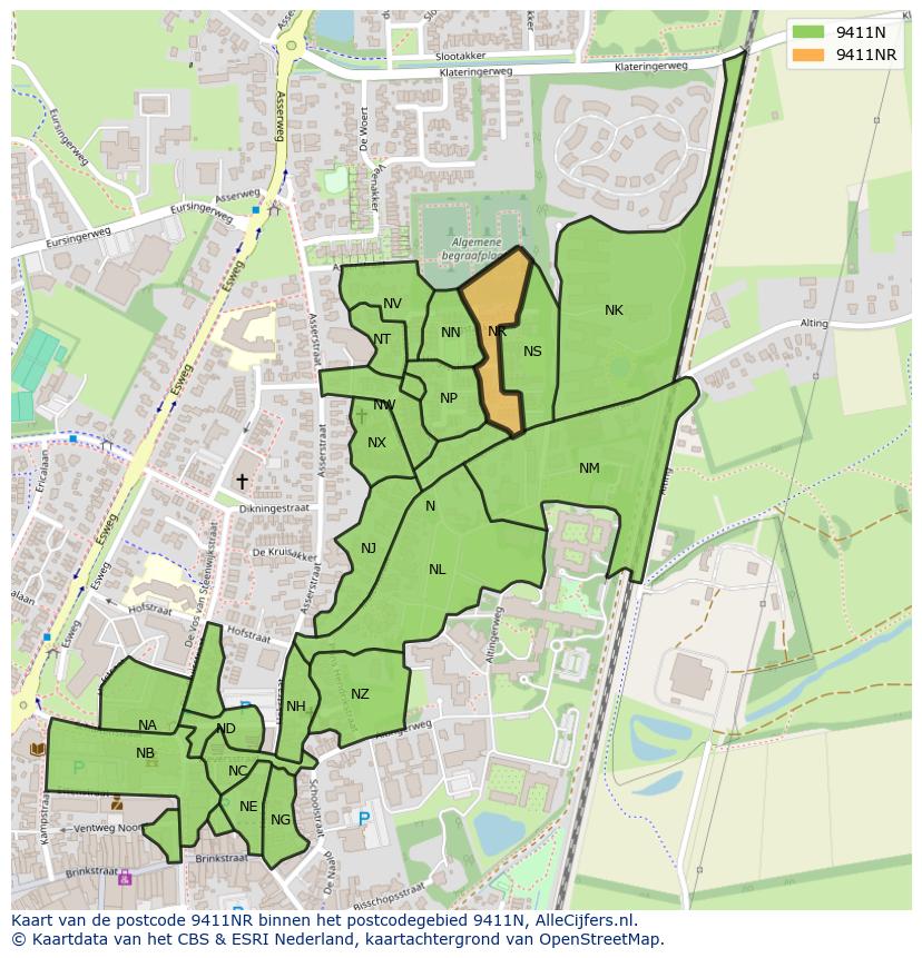 Afbeelding van het postcodegebied 9411 NR op de kaart.