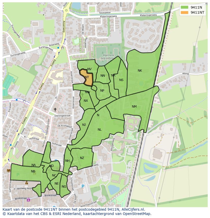 Afbeelding van het postcodegebied 9411 NT op de kaart.