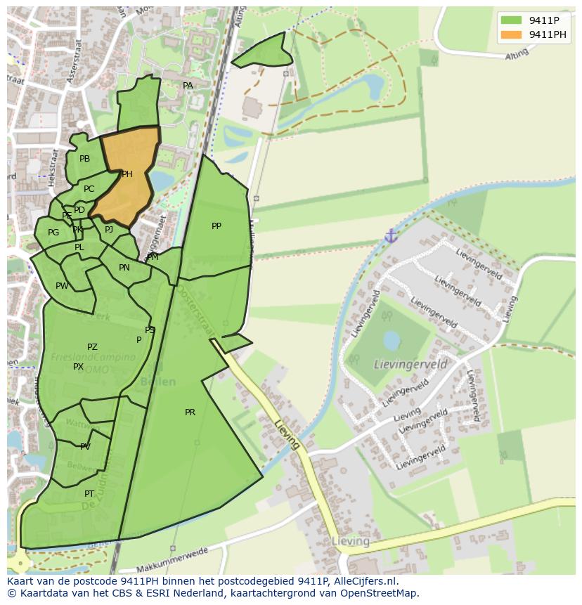 Afbeelding van het postcodegebied 9411 PH op de kaart.