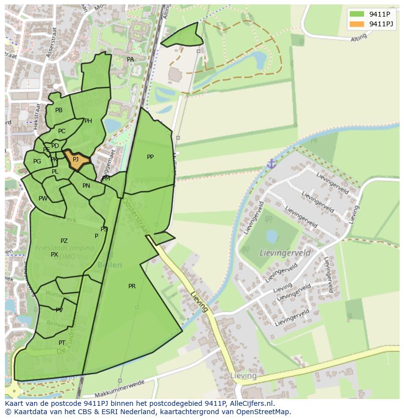 Afbeelding van het postcodegebied 9411 PJ op de kaart.
