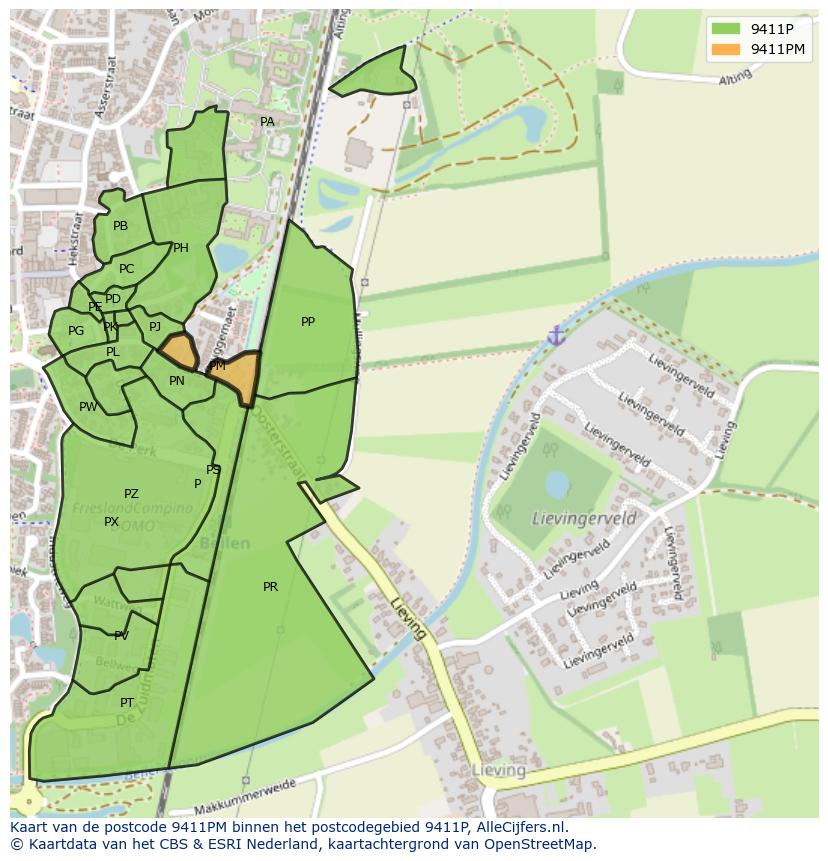 Afbeelding van het postcodegebied 9411 PM op de kaart.