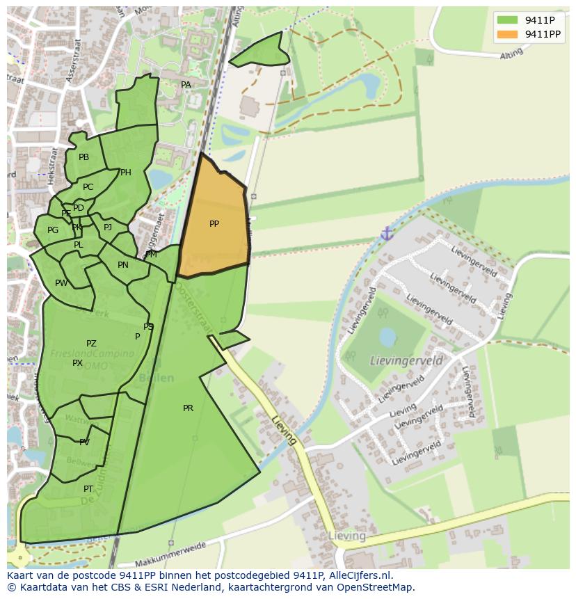 Afbeelding van het postcodegebied 9411 PP op de kaart.