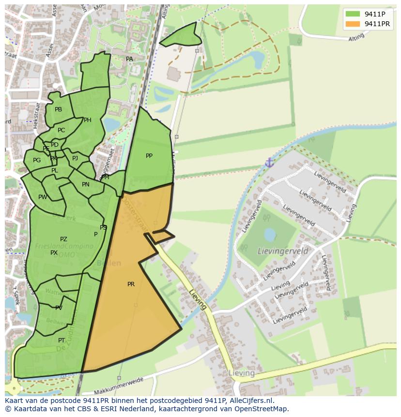 Afbeelding van het postcodegebied 9411 PR op de kaart.