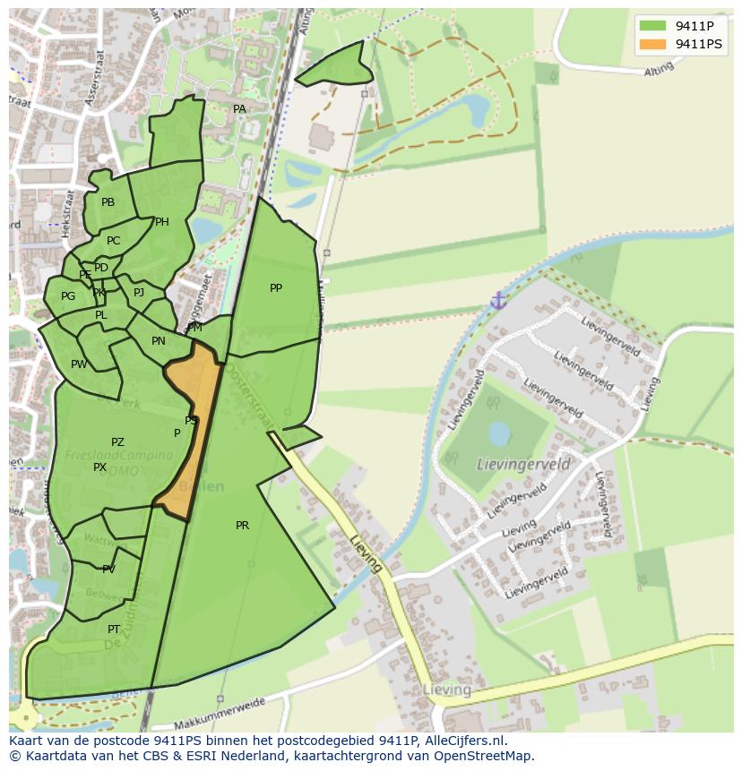 Afbeelding van het postcodegebied 9411 PS op de kaart.