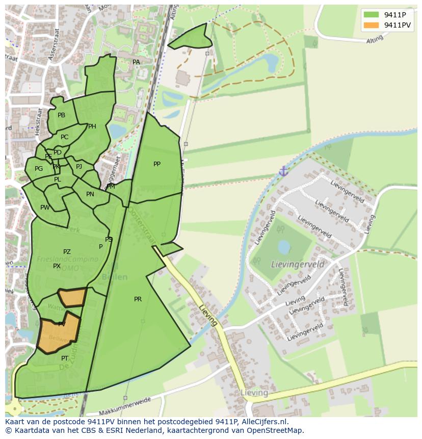 Afbeelding van het postcodegebied 9411 PV op de kaart.