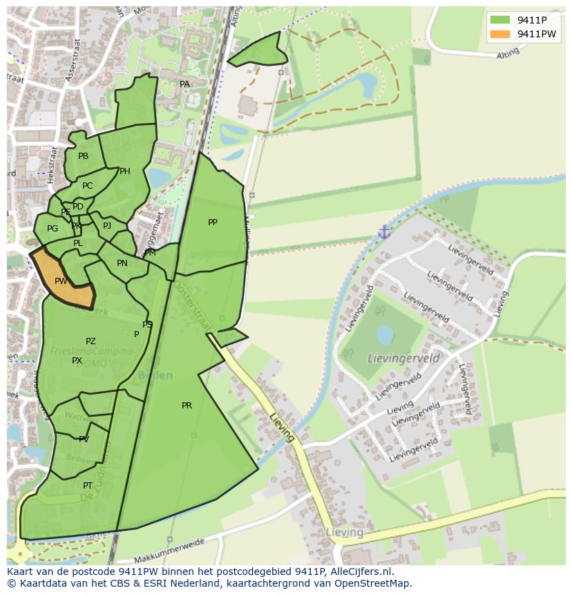 Afbeelding van het postcodegebied 9411 PW op de kaart.