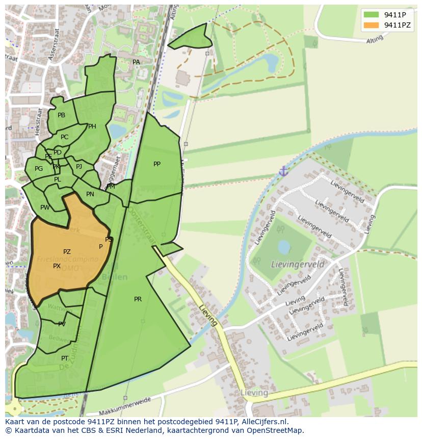 Afbeelding van het postcodegebied 9411 PZ op de kaart.