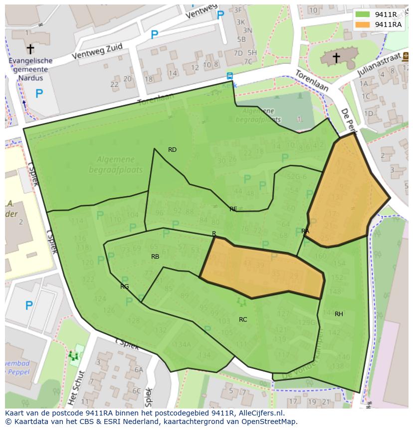 Afbeelding van het postcodegebied 9411 RA op de kaart.