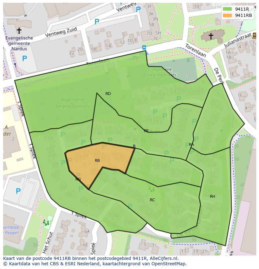 Afbeelding van het postcodegebied 9411 RB op de kaart.