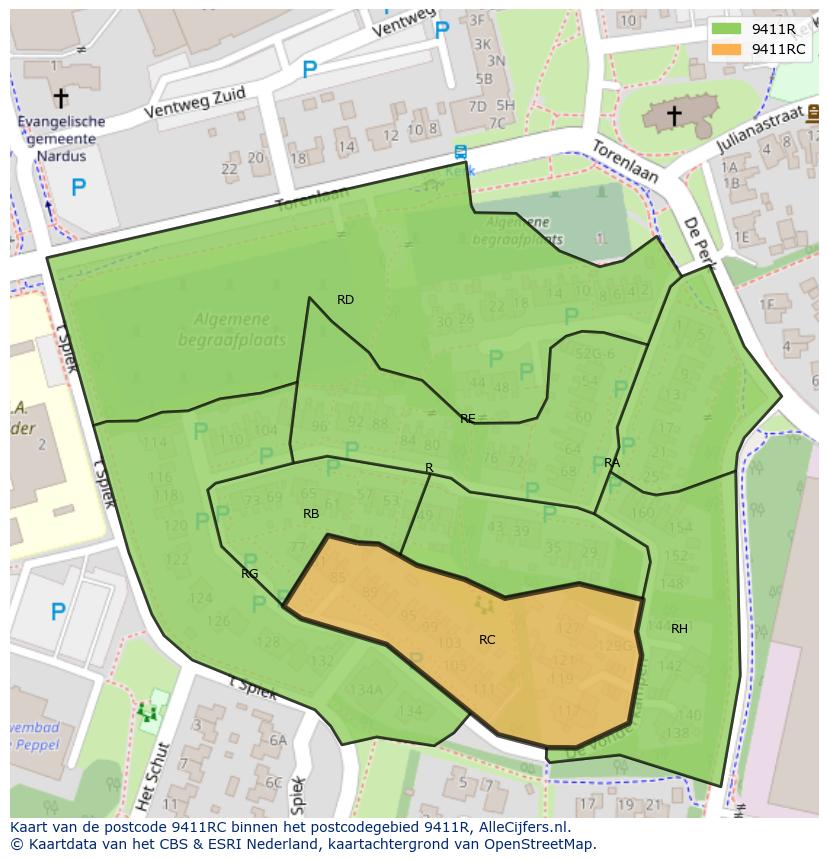 Afbeelding van het postcodegebied 9411 RC op de kaart.