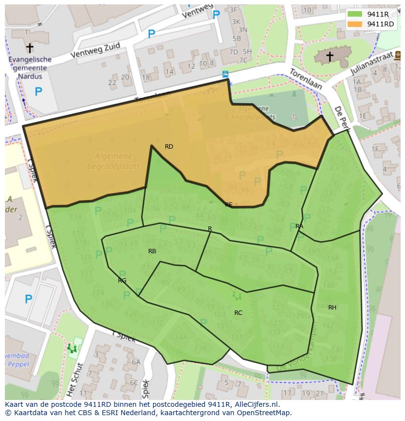 Afbeelding van het postcodegebied 9411 RD op de kaart.