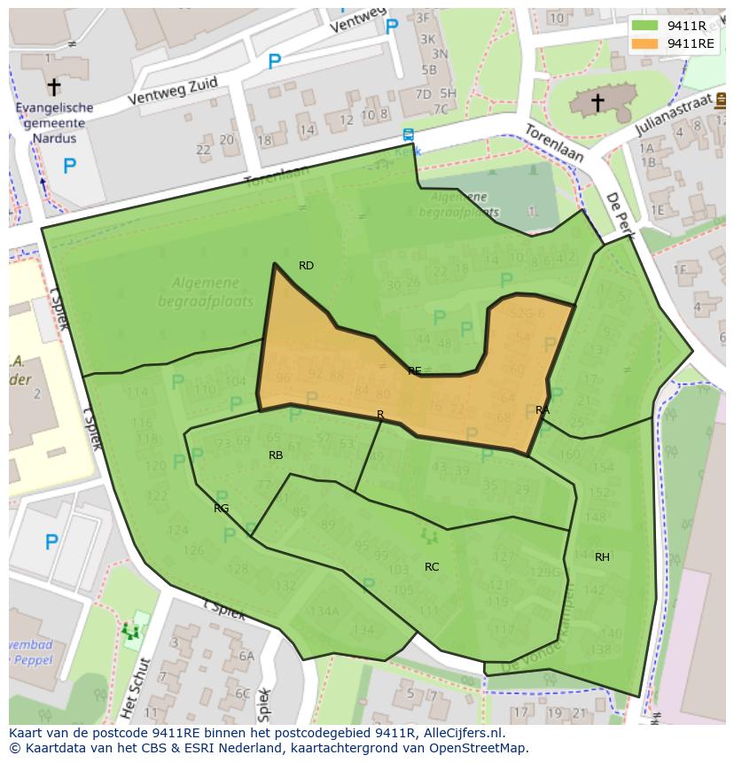 Afbeelding van het postcodegebied 9411 RE op de kaart.