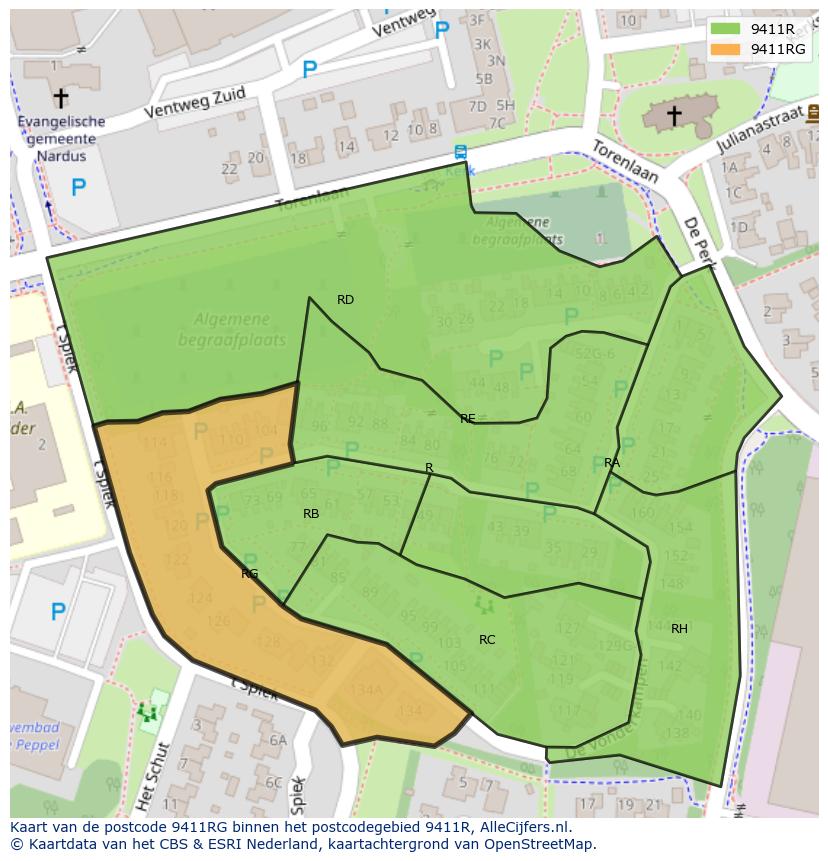 Afbeelding van het postcodegebied 9411 RG op de kaart.