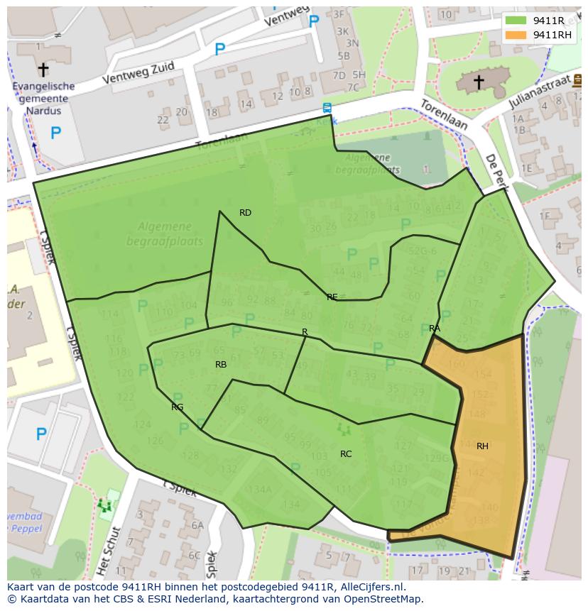 Afbeelding van het postcodegebied 9411 RH op de kaart.