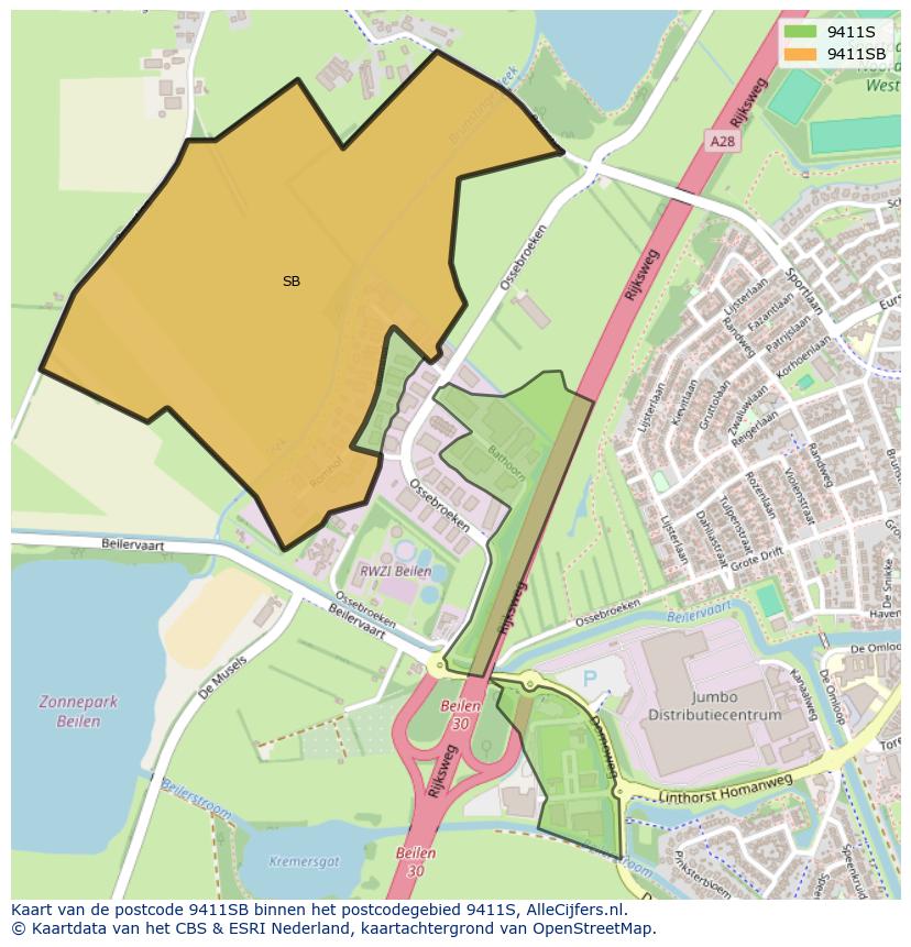 Afbeelding van het postcodegebied 9411 SB op de kaart.