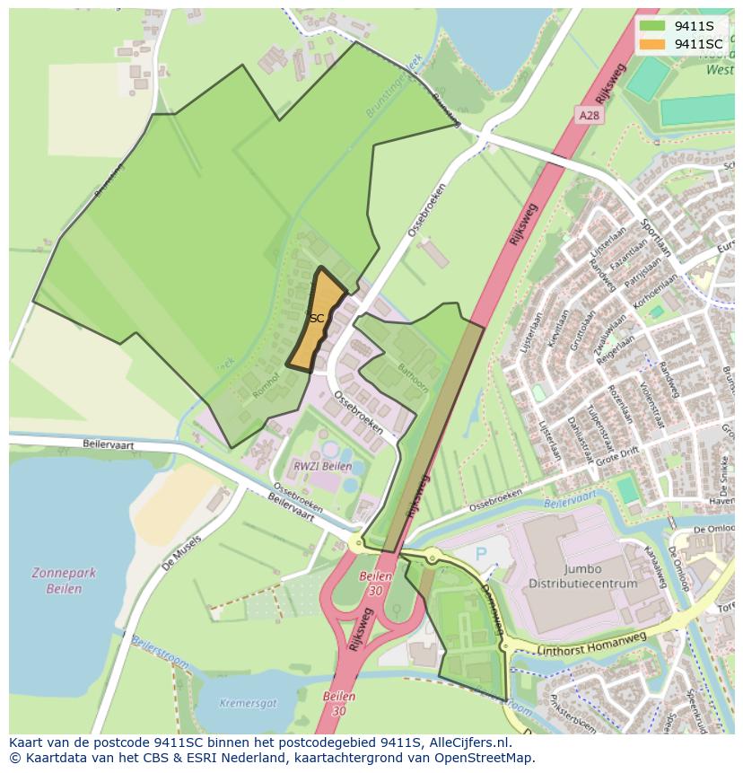 Afbeelding van het postcodegebied 9411 SC op de kaart.