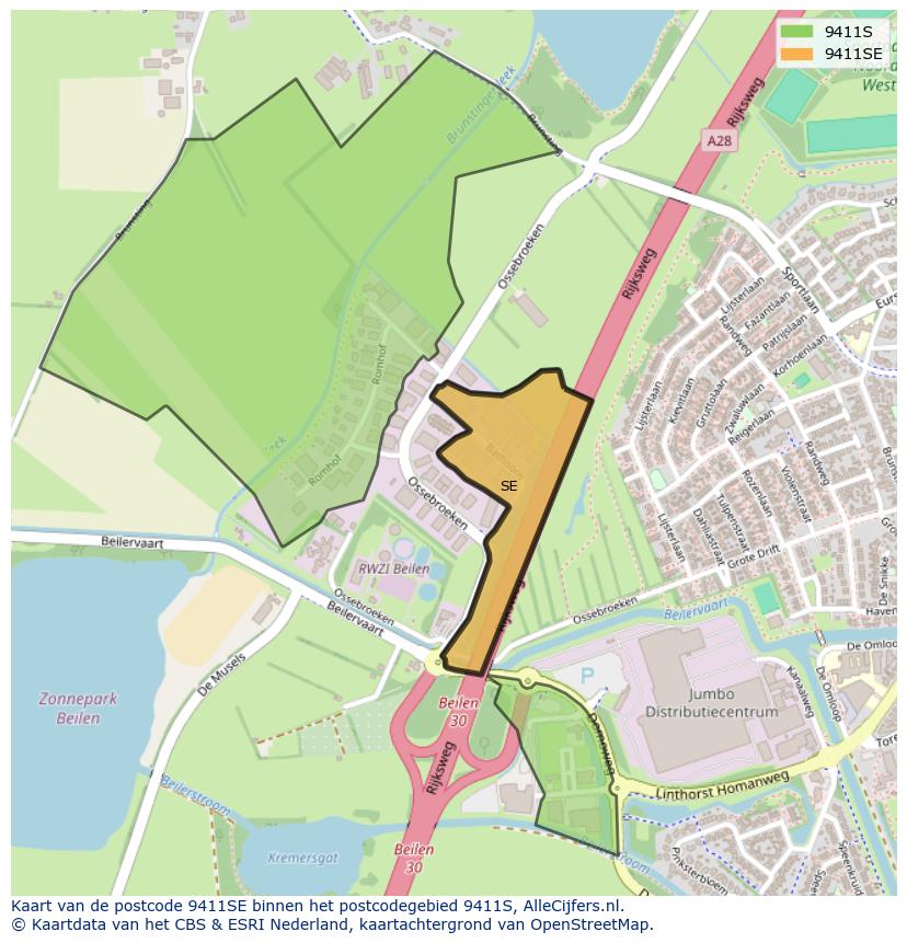 Afbeelding van het postcodegebied 9411 SE op de kaart.