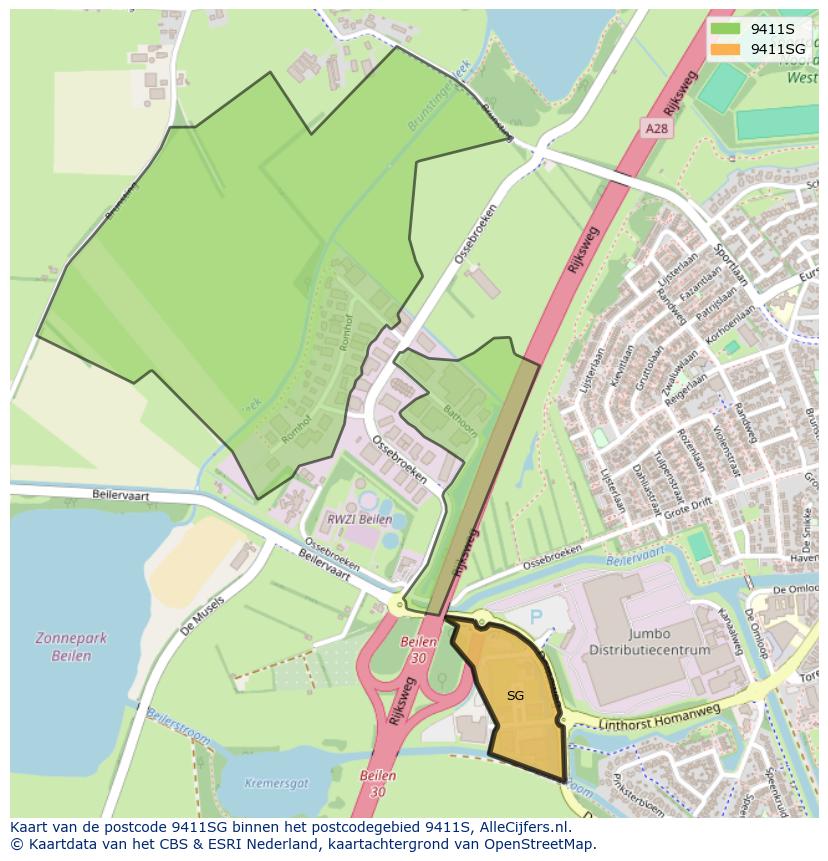 Afbeelding van het postcodegebied 9411 SG op de kaart.