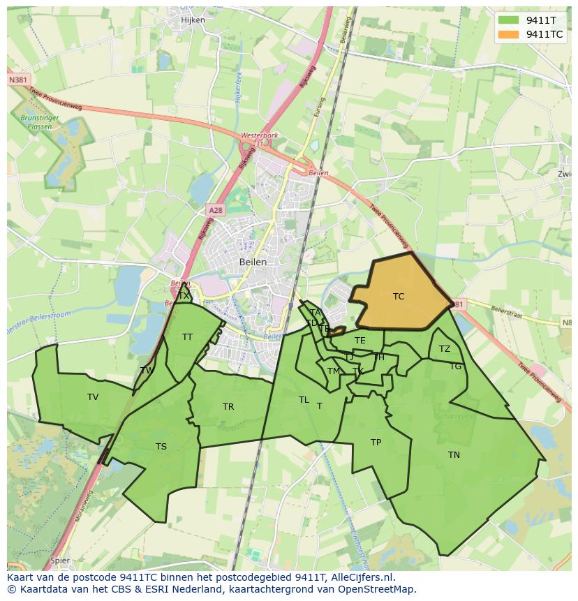 Afbeelding van het postcodegebied 9411 TC op de kaart.