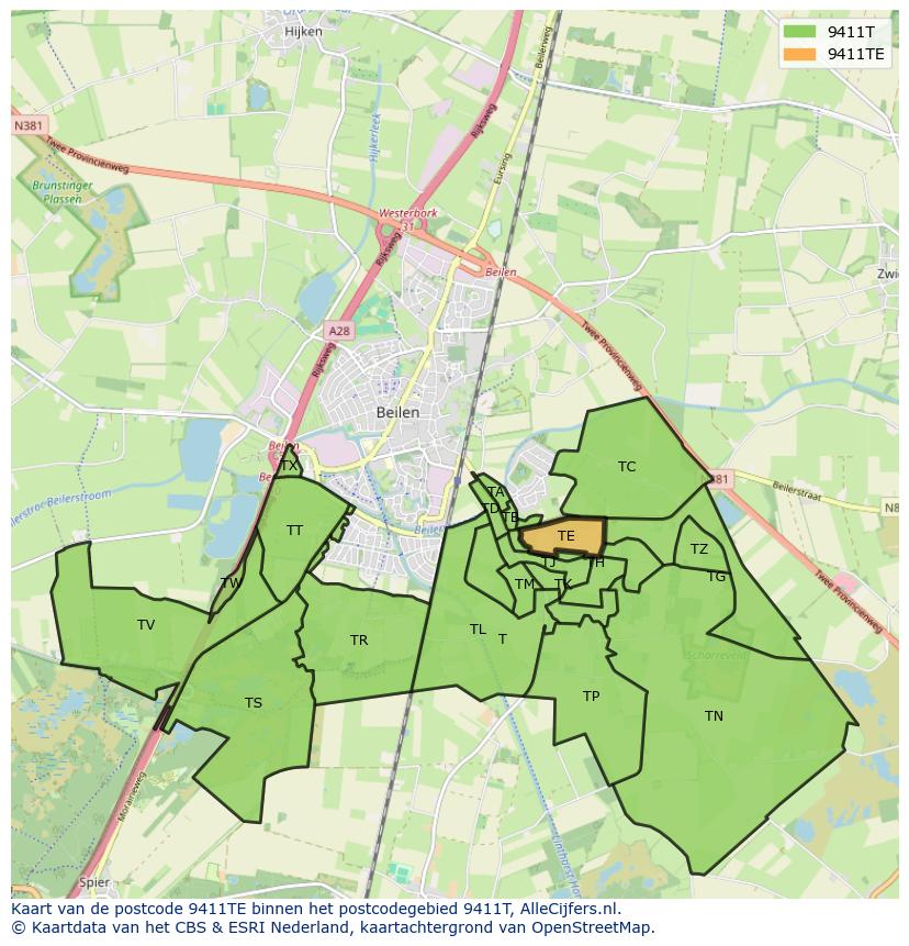 Afbeelding van het postcodegebied 9411 TE op de kaart.