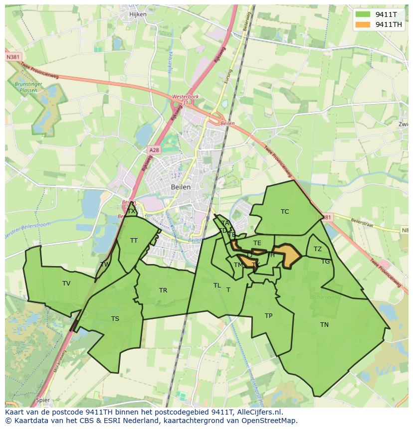 Afbeelding van het postcodegebied 9411 TH op de kaart.