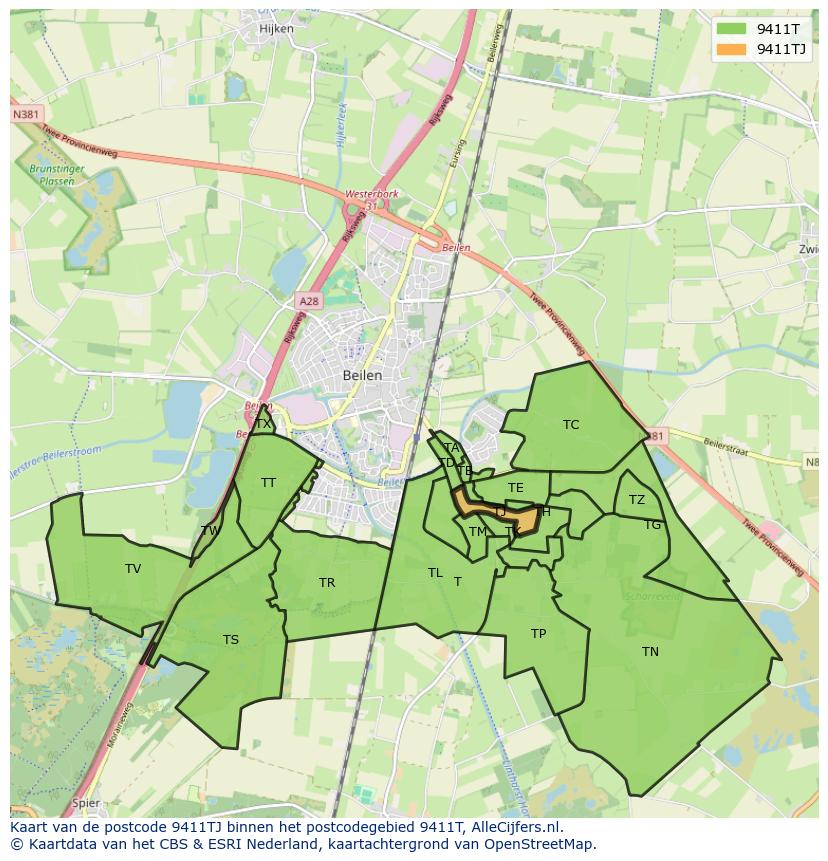 Afbeelding van het postcodegebied 9411 TJ op de kaart.
