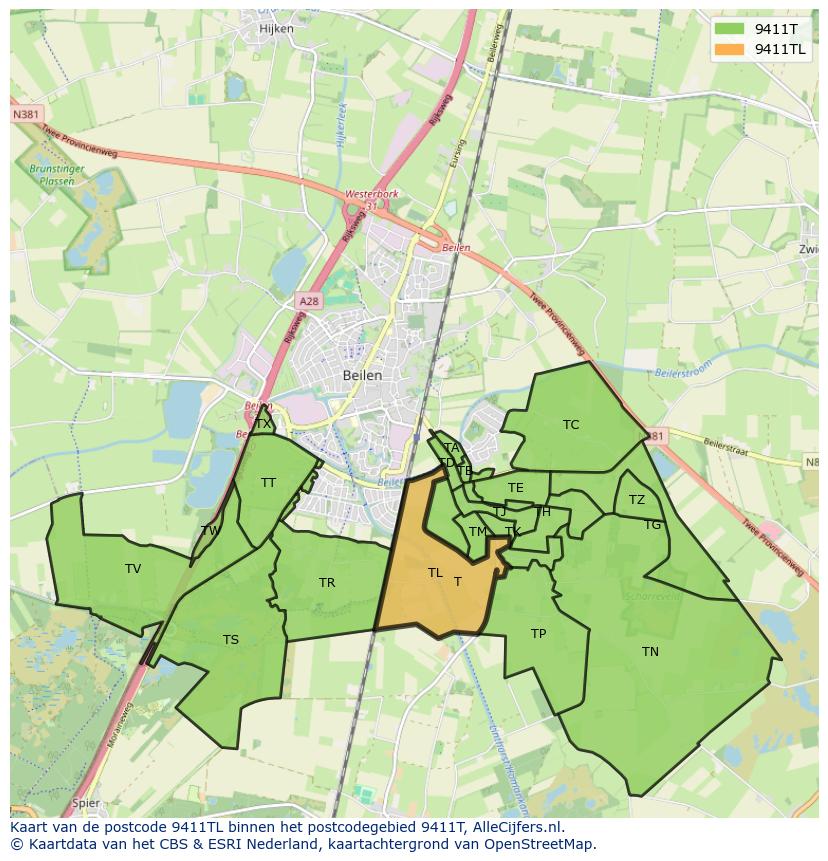 Afbeelding van het postcodegebied 9411 TL op de kaart.