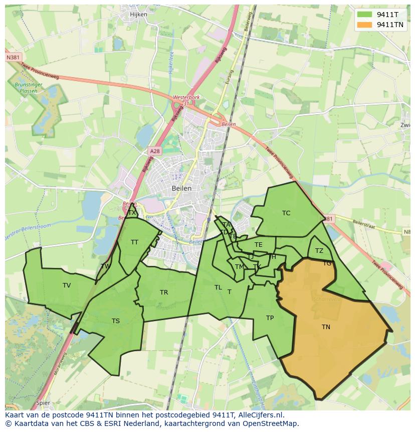 Afbeelding van het postcodegebied 9411 TN op de kaart.