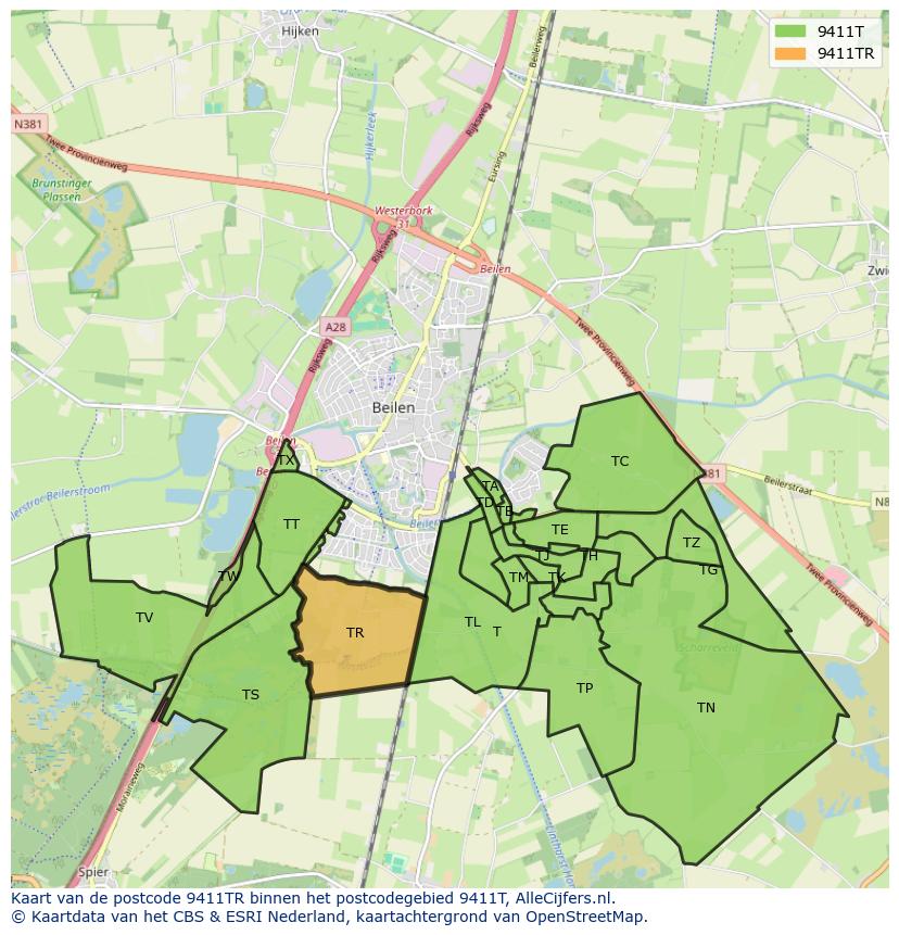 Afbeelding van het postcodegebied 9411 TR op de kaart.