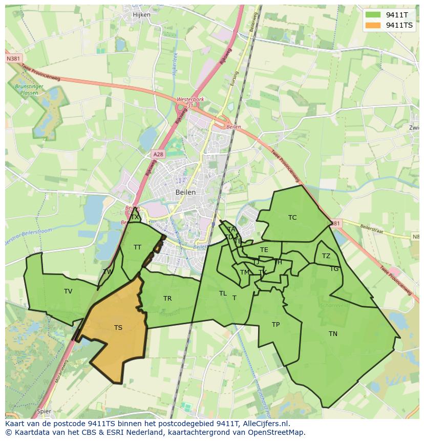 Afbeelding van het postcodegebied 9411 TS op de kaart.
