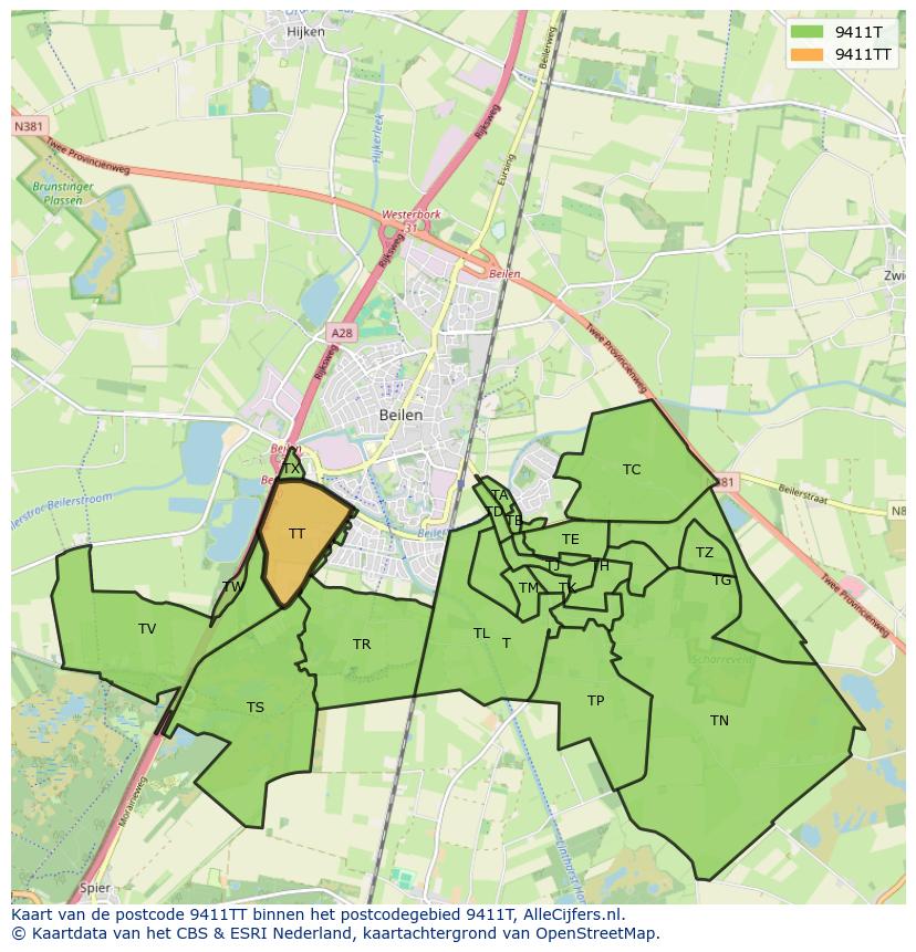 Afbeelding van het postcodegebied 9411 TT op de kaart.