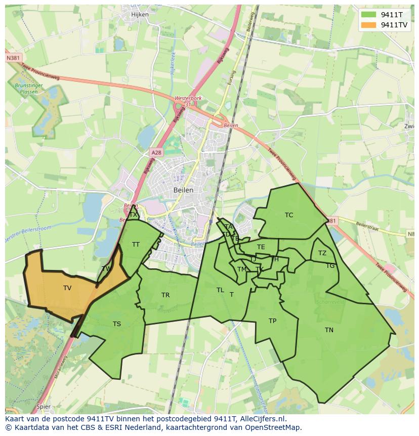 Afbeelding van het postcodegebied 9411 TV op de kaart.