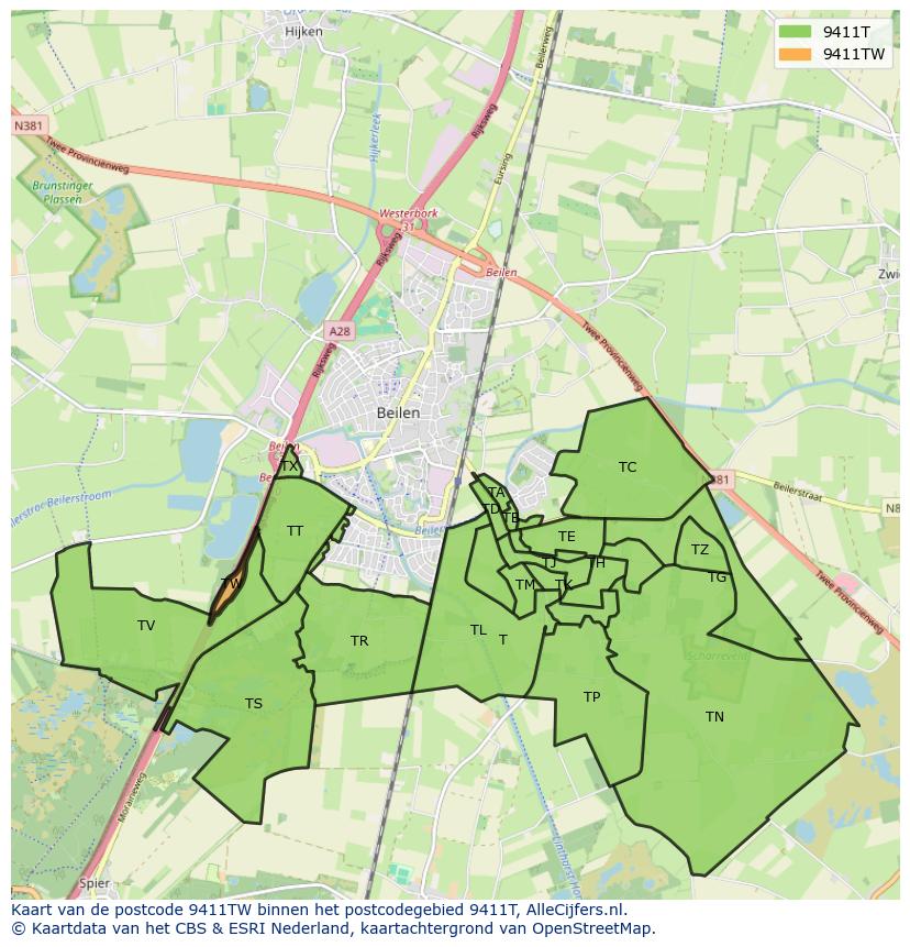 Afbeelding van het postcodegebied 9411 TW op de kaart.